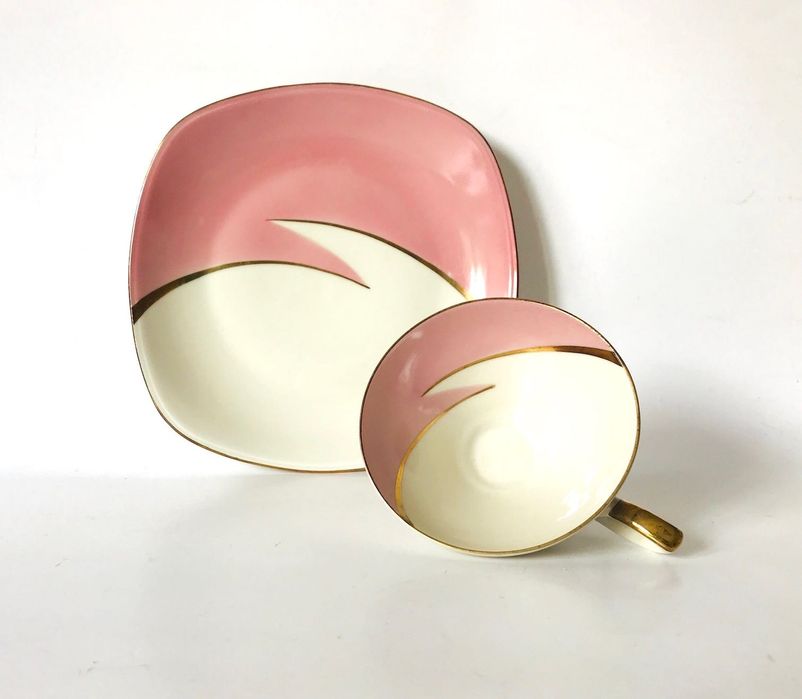 Duo śniadaniowe Mitterteich talerz filiżanka różowa lata 60.