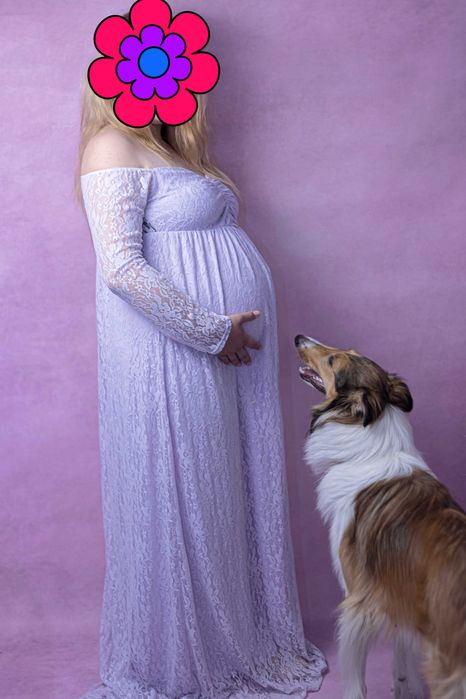 Fioletowa sukienka koronkowa do sesji ciążowej