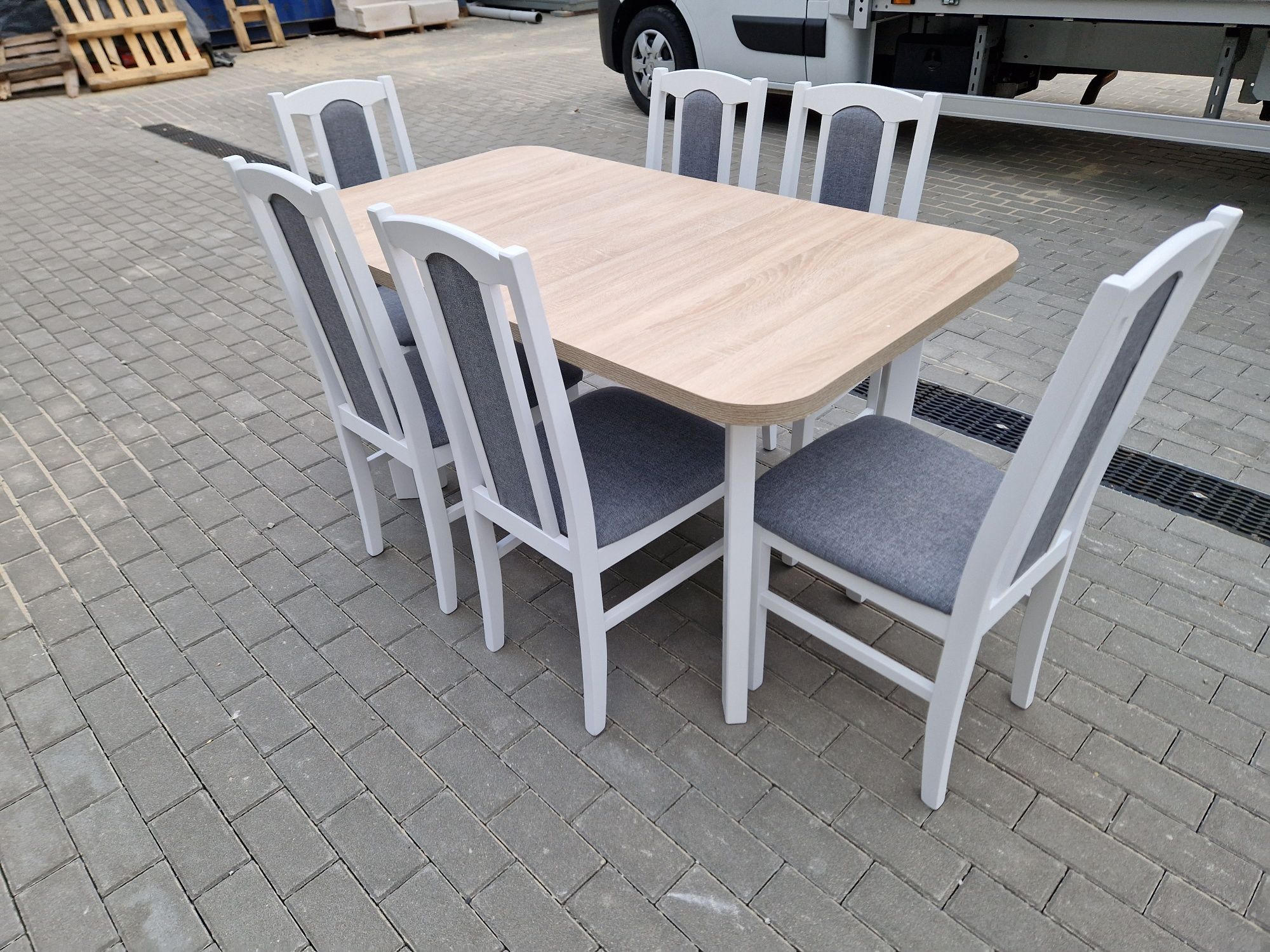 Nowe: Stół rozkładany + 6 krzeseł, bialy/sonoma+szary, dostawa cała PL
