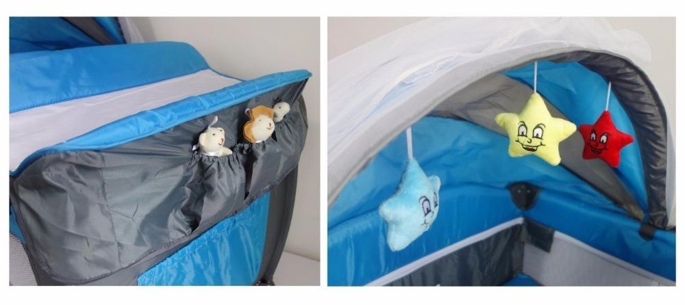 Łóżeczko turystyczne kojec zabawki przewijak 2 poziomy płozy Szare