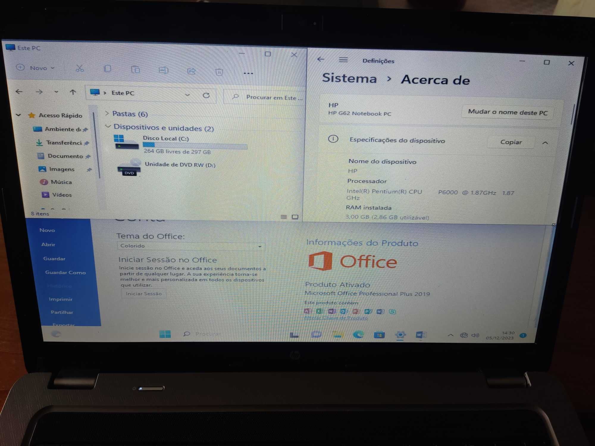 *Win11*Portátil HP G62,300GB disco,Hdmi,Office2019,carregador original