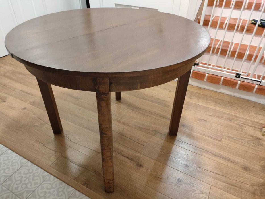 Stół okrągły 100 cm, stary, vintage, fornir dębowy