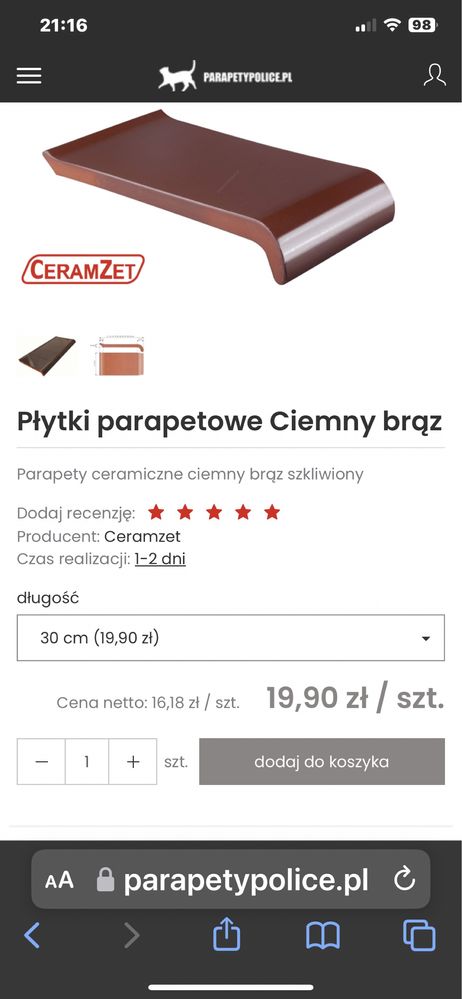 Płytki kształtki parapetowe 1m.