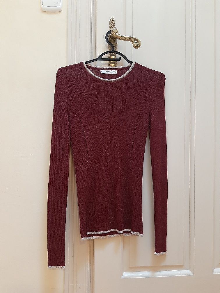 Sweter stretch Mango rozmiar S burgundowy ze zlota nitka