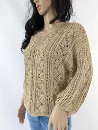 Beżowy ażurowy sweter rękaw 3_4 handmade rozmiar uniwersalny że