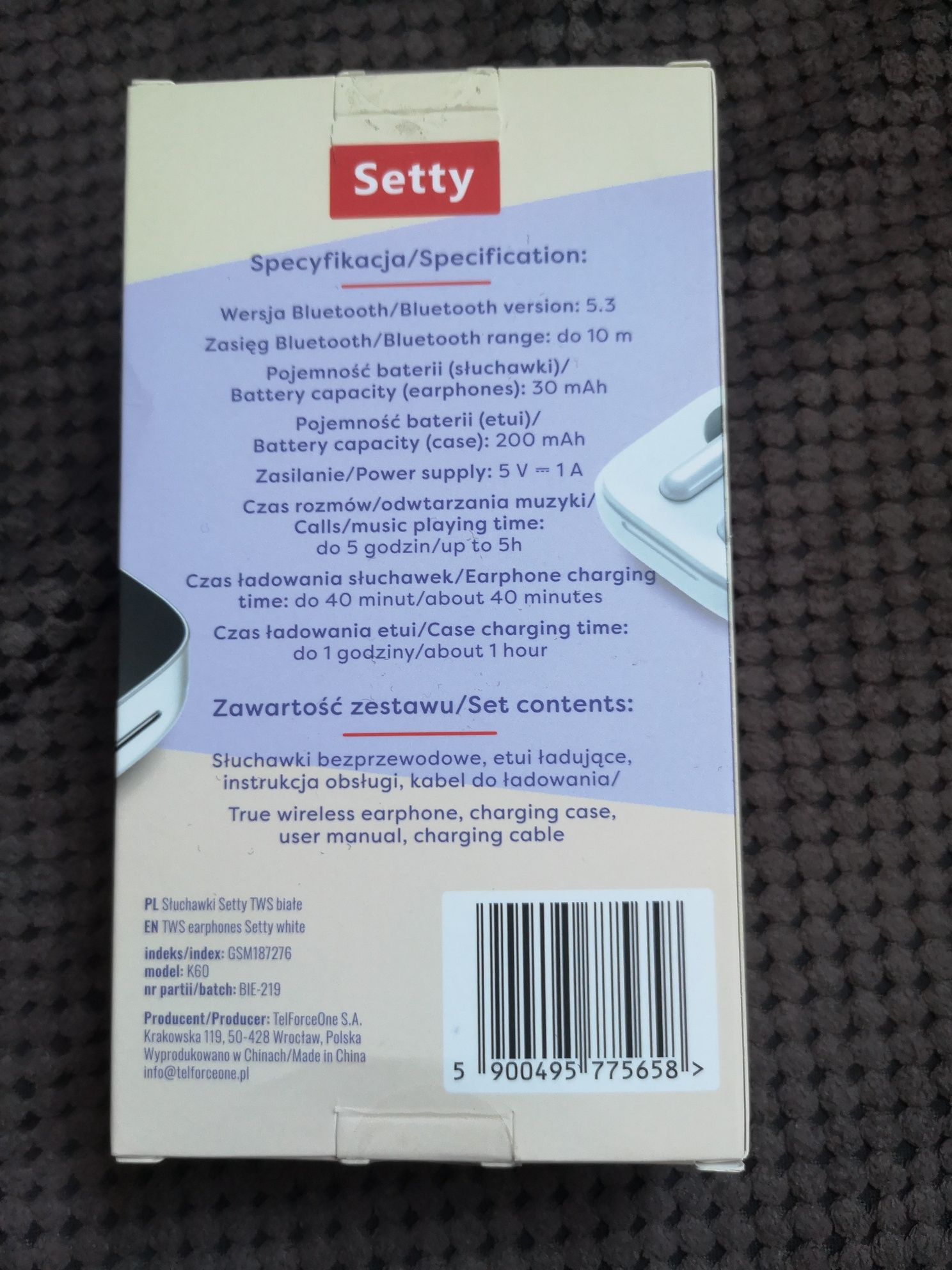 Słuchawki bluetooth TWS Setty