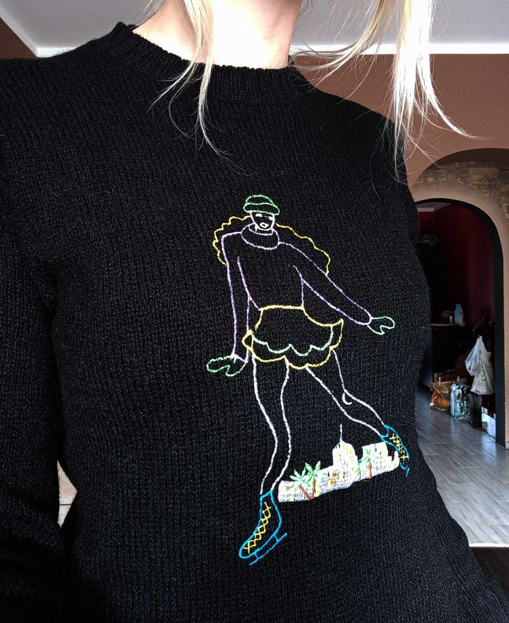 Wełniany sweter z łyżwiarką retro vintage