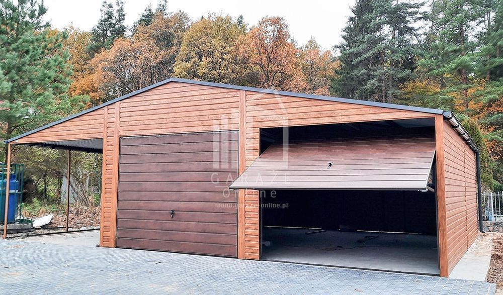 GARAŻ BLASZANY 6,5x6 + 3m. wiata 2x Brama drzwi 2x okno orzech ID136