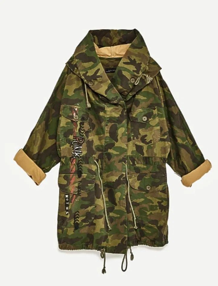 Kurtka ZARA, parka moro, kurtka khaki z nadrukiem