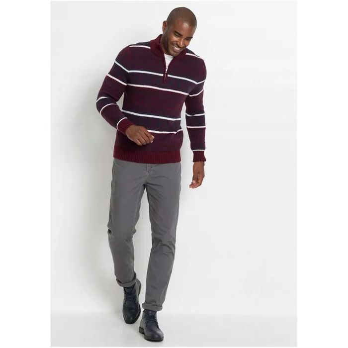Bonprix Sweter Półgolf Bordowy Wzór Paski Zamek Długi Rękaw S/M 44-46
