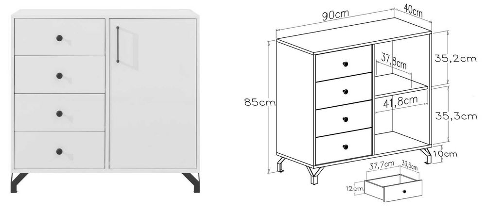 meble biała szafka komoda szuflady półka Bergen 07 czarne nóżnki