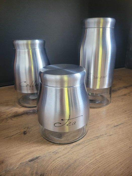 Zestaw stylowych słoików kuchennych -kawa, herbata, cukier