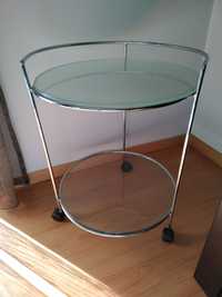 Mesa de apoio redonda com 2 prateleiras em vidro com rodas giratórias