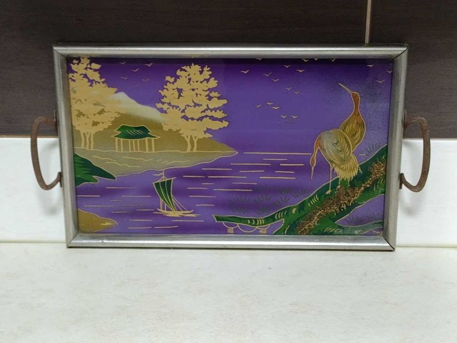 Tabuleiro bandeja vintage vidro pintado à mão art déco Alemanha