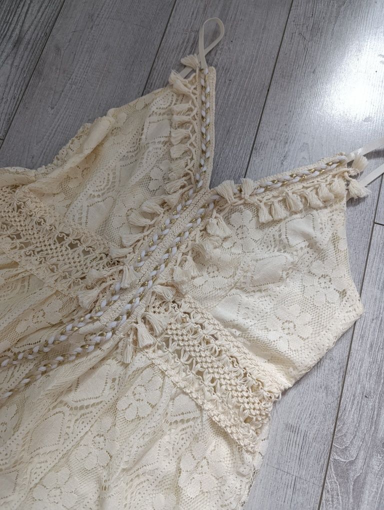 Sukienka kremowa koronkowa w stylu Boho asymetryczna nowa XL
