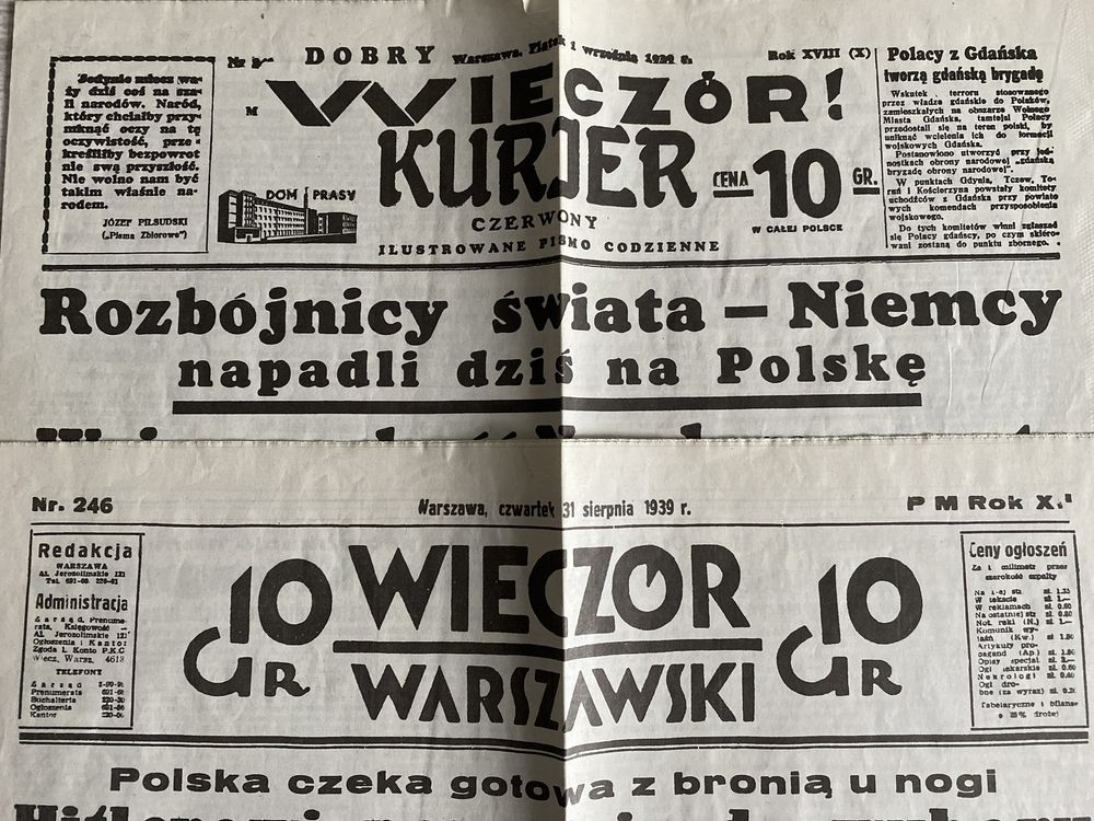 2 gazety z 1939 r. - reprodukcje