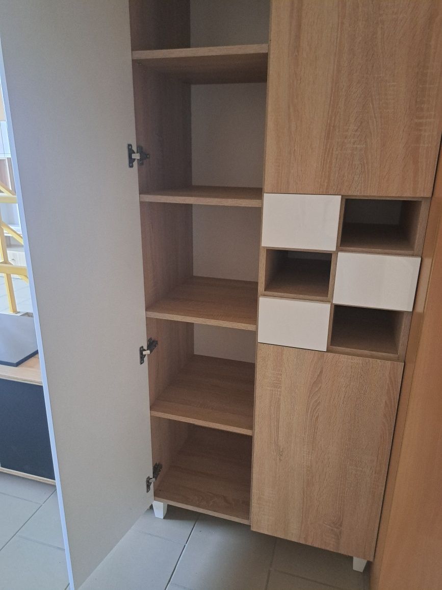 Szafa z półkami i szufladami Dąb sonoma + biały połysk MDF 194x80x48