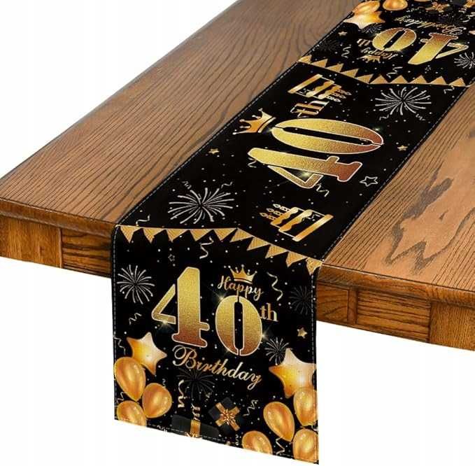 Czarny Bieżnik 40 x 140 cm Dekoracja na 40 Urodziny złoty