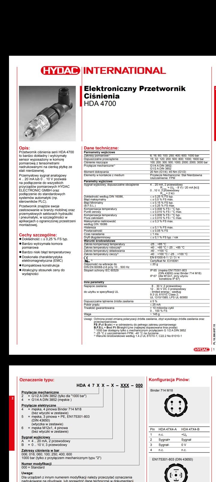 Hydac HDA4745-A-400-115 elektroniczny przetwornik ciśnienia