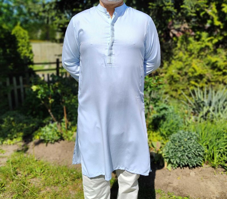 Męska tunika orientalna L niebieska wiskoza kameez kurta Indie boho