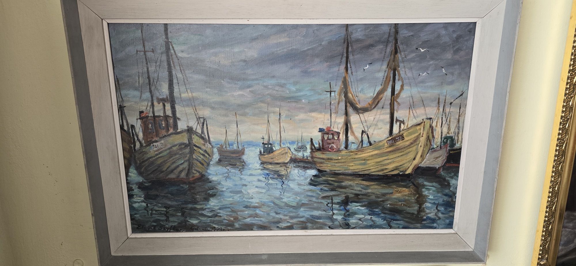 Obraz  marynistyczny olejny na płótnie "Kutry " Edmund  Szyfter
