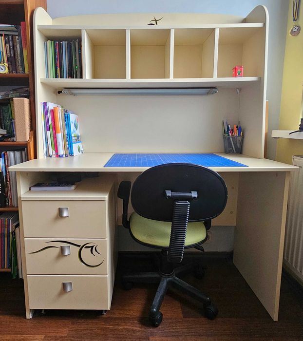 Biurko dla dziecka, półka, szuflady (pomocnik na kółkach), LAMPA