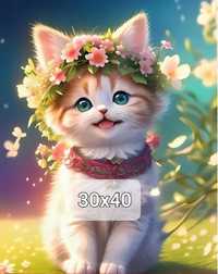 Haft diamentowy 30x40 nowy diamond painting mozaika kotek kwiaty