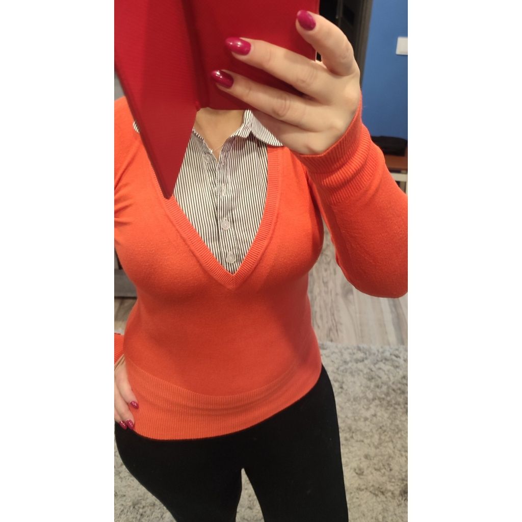 Śliczny  pomarańczowy sweterek z dodatkiem kaszmiru+ koszula M