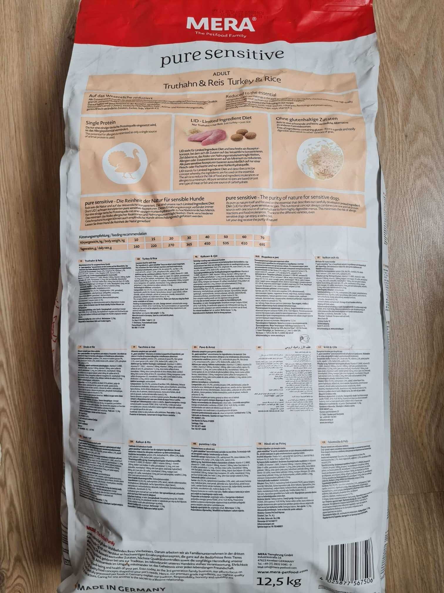 Корм для собак "Mera pure sensitive" (Adult Truthahn&Rice)" 12.5 кг.