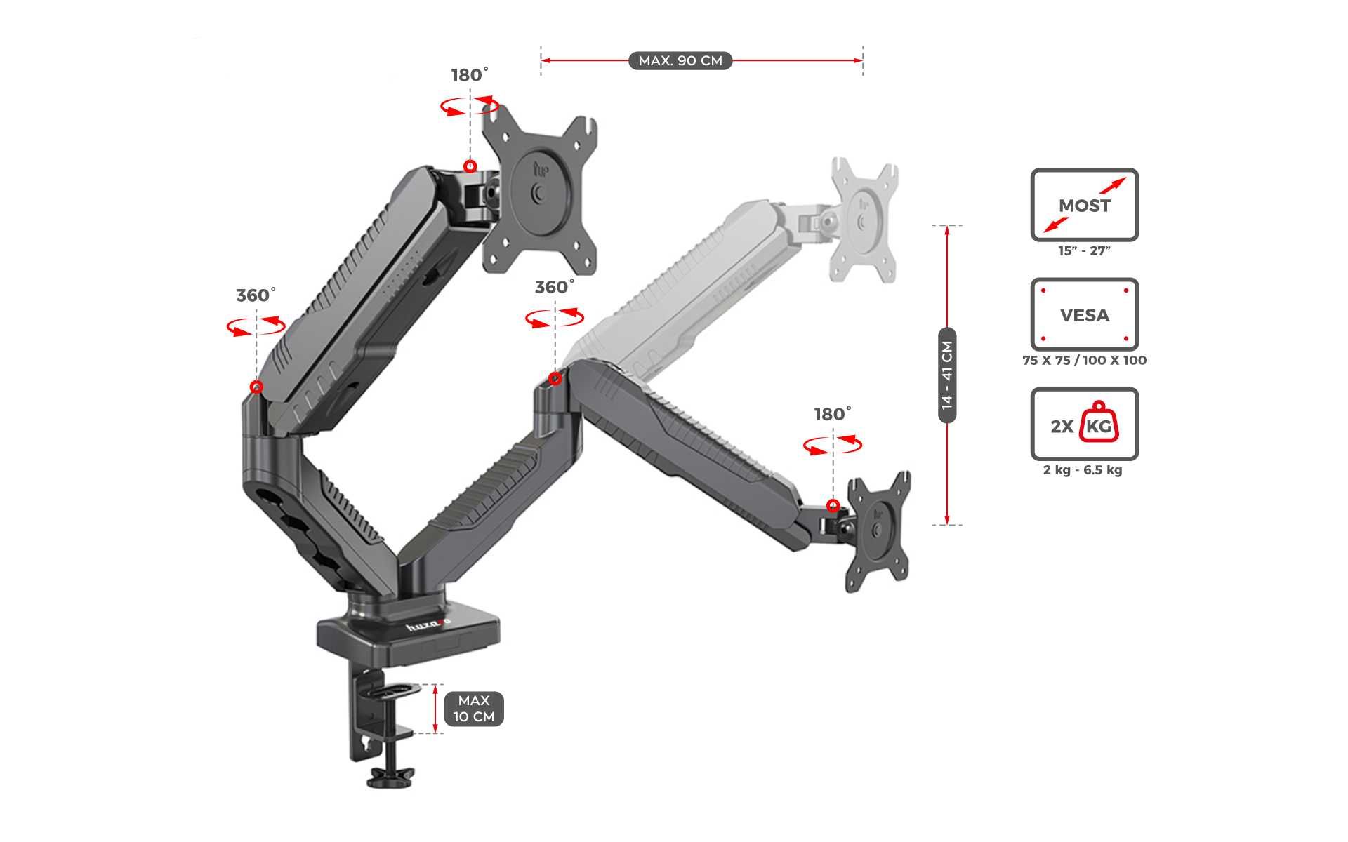 Uchwyt obrotowy metalowy na dwa monitory udźwig 6,5 kg