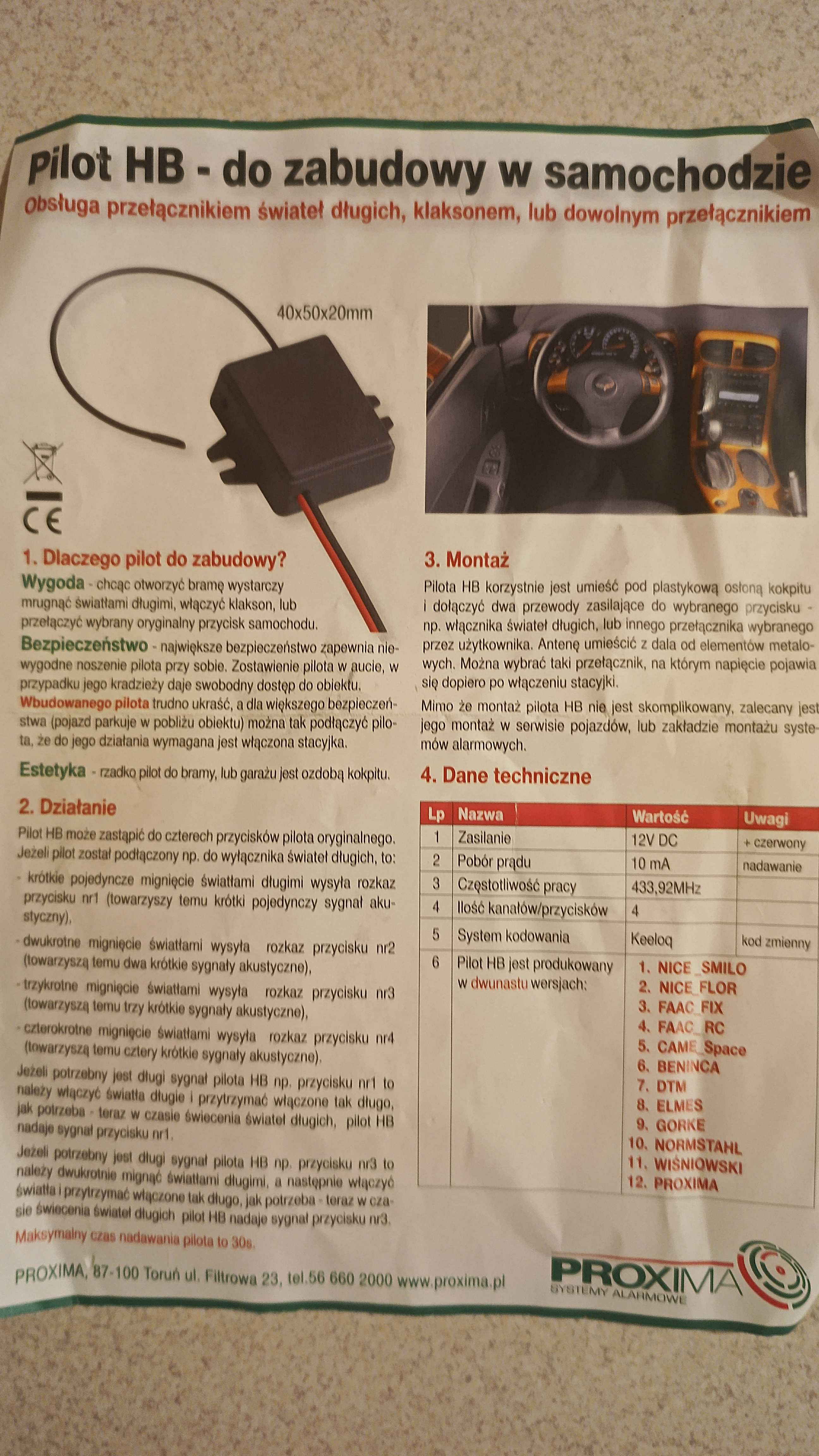 Pilot HB do bram (do pojazdu) PROXIMA do systemów Faac RC 433 MHz