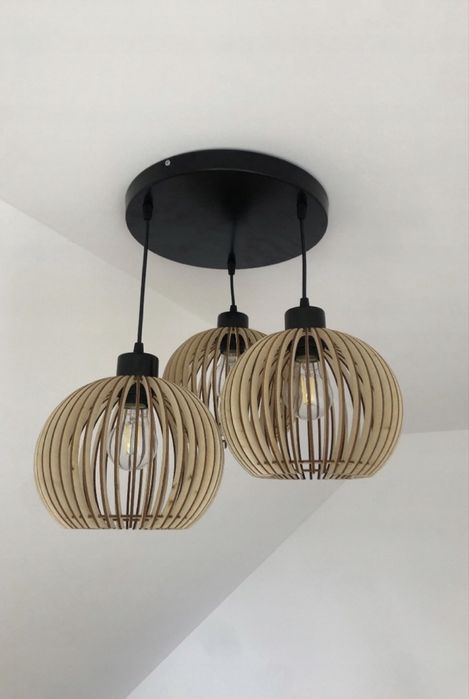 Lampa wisząca potrójna drewniana loft retro