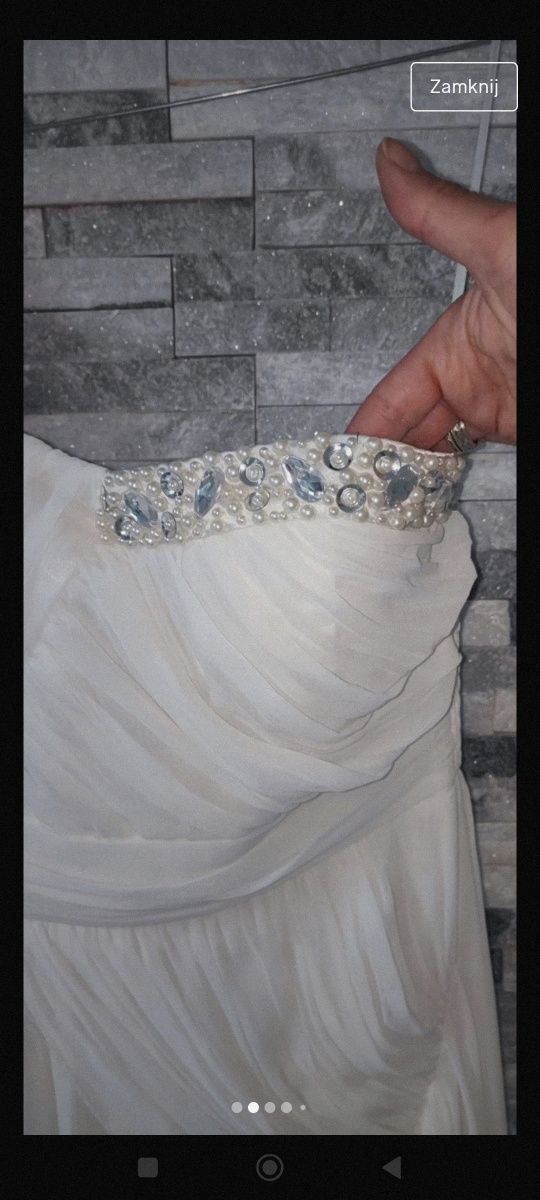 Długa zwiewna śmietankowa suknia ślubna w stylu greckim rozmiar 36/38