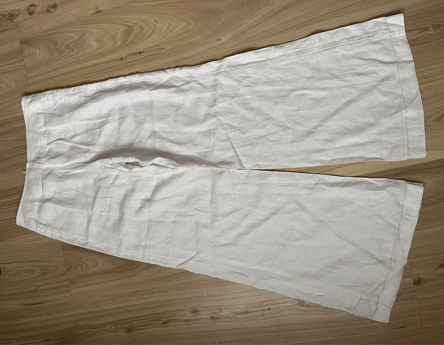 Białe spodnie lniane szeroka nogawka H&M