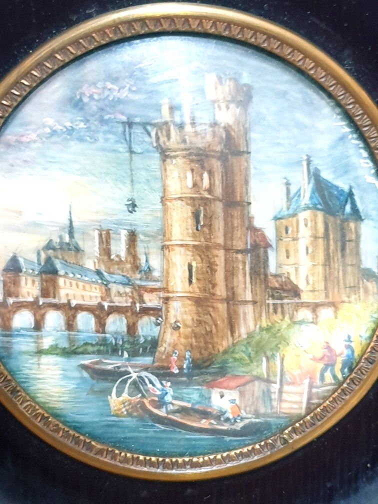 Maravilhosa antiga pintura paisagística francesa à lupa assinada