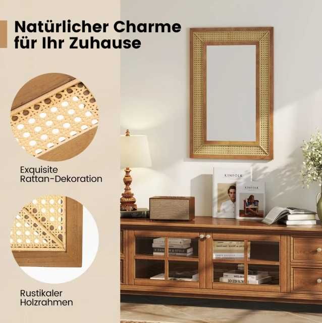 Lustro ścienne wiszące dekoracyjne z rattanu w stylu boho 90x60 cm