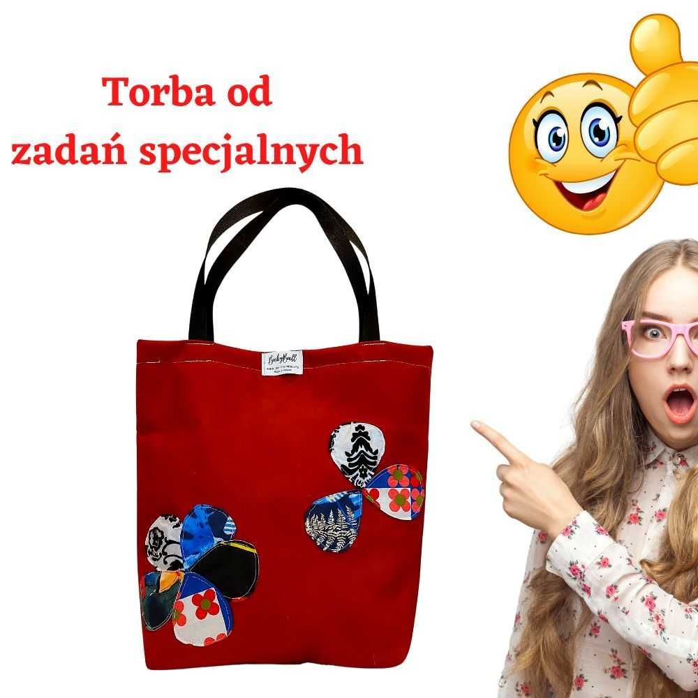 Torba na zakupy eko shopperka na ramię do ręki  – BORDOWA Z APLIKACJĄ