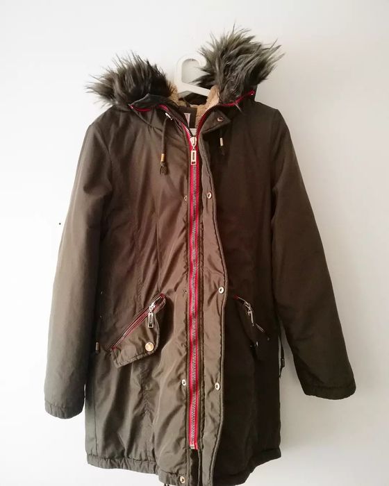 Zielona, puchowa kurtka, zimowa parka khaki, bardzo ciepła, na zimę