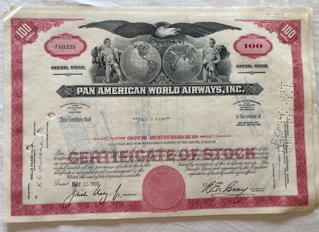 Titulo de acções da companhia aérea Americana PAN AM