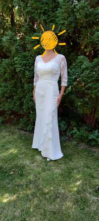 Zwiewna suknia ślubna szyfon+ koronka ivory rozm 38