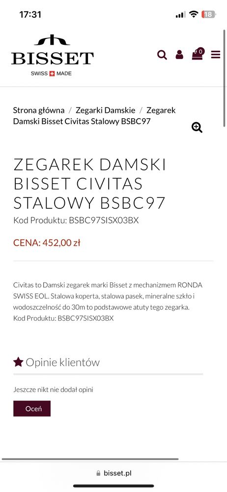 Zegarek damski BISSET civitas stalowy BSBC97