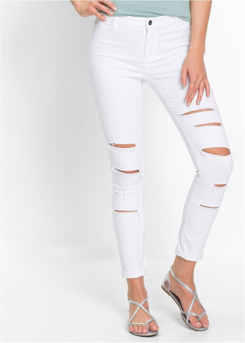 bonprix białe spodnie jeansowe dziury kieszenie 48