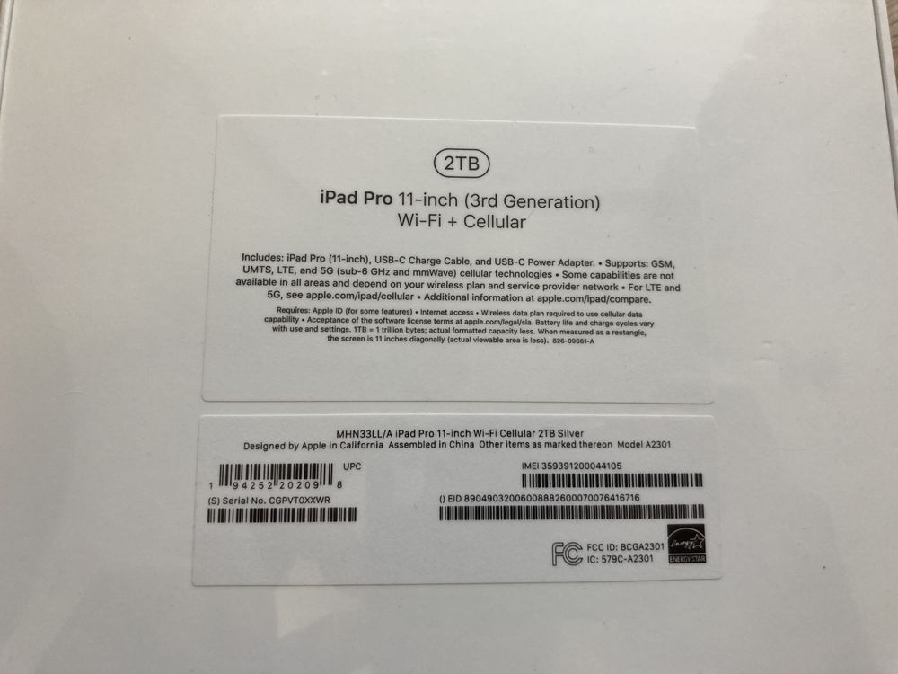 Новый запакованный Apple iPad Pro 11 3rd 2021 M1 2TB LTE (3-5g) Silver