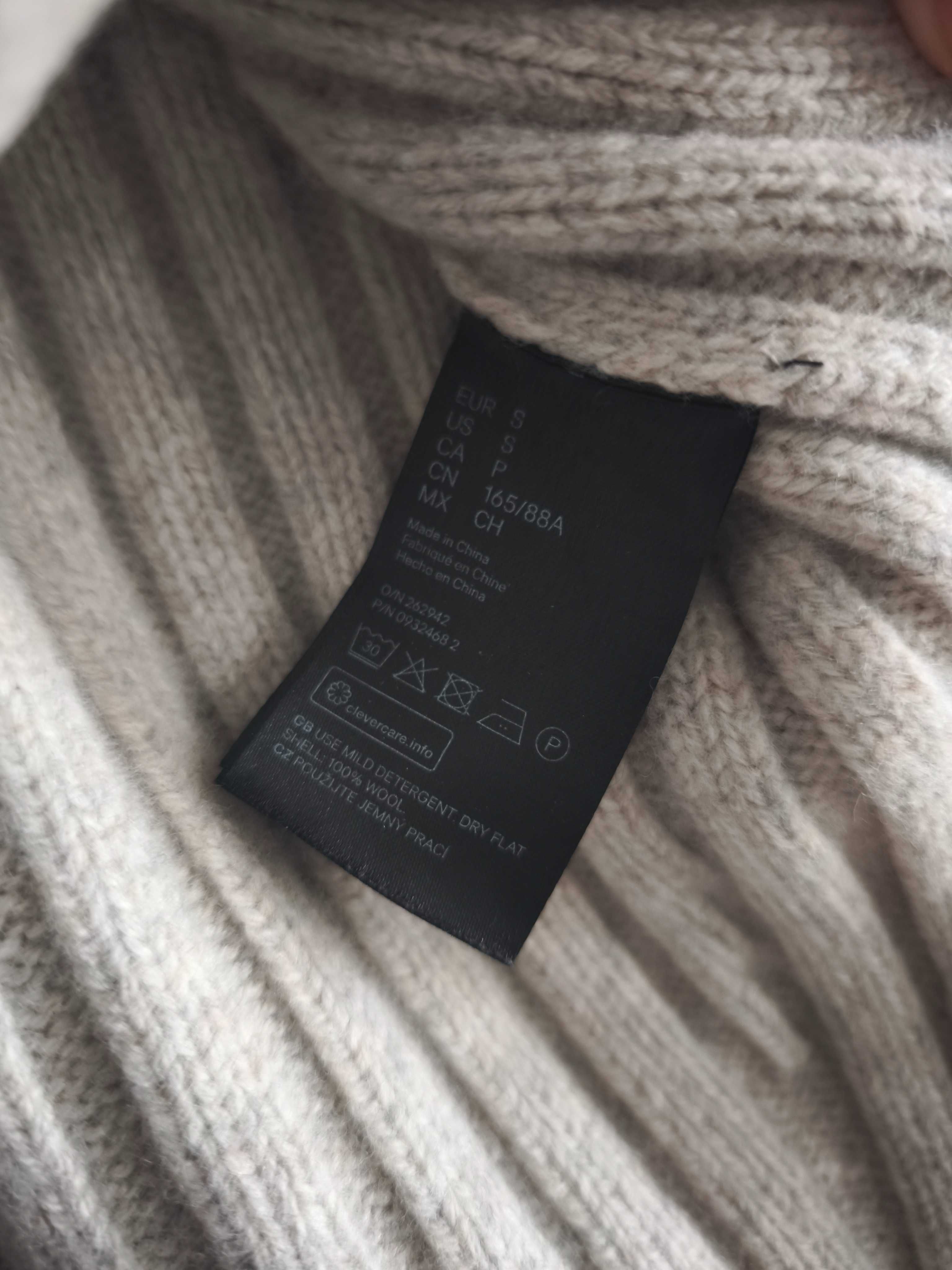 Gruby wełniany beżowy piaskowy sweter golf H&M Premium S 100% wełna