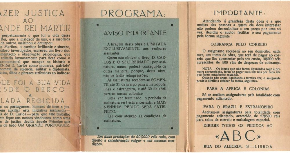 CUPÃO de compra do livro "Dom Carlos : história do seu reinado"