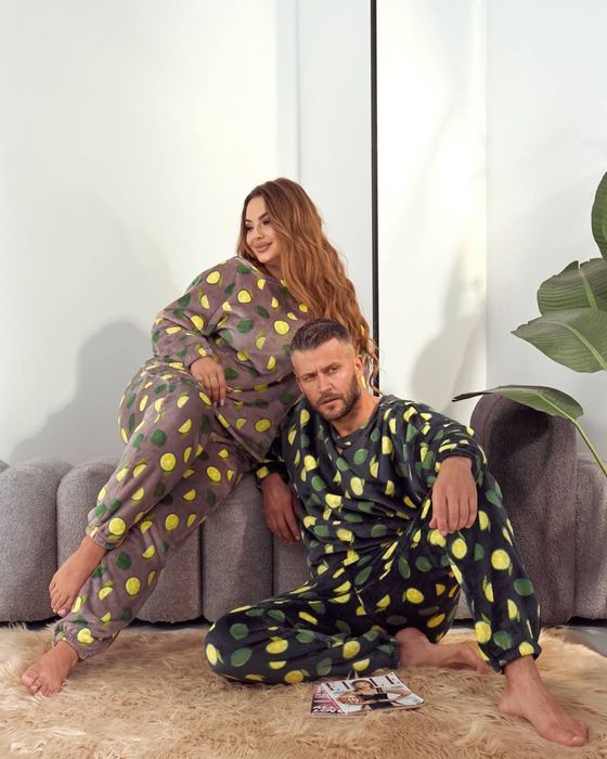 Теплая пижама унисекс женская-мужская махра принт лимоны