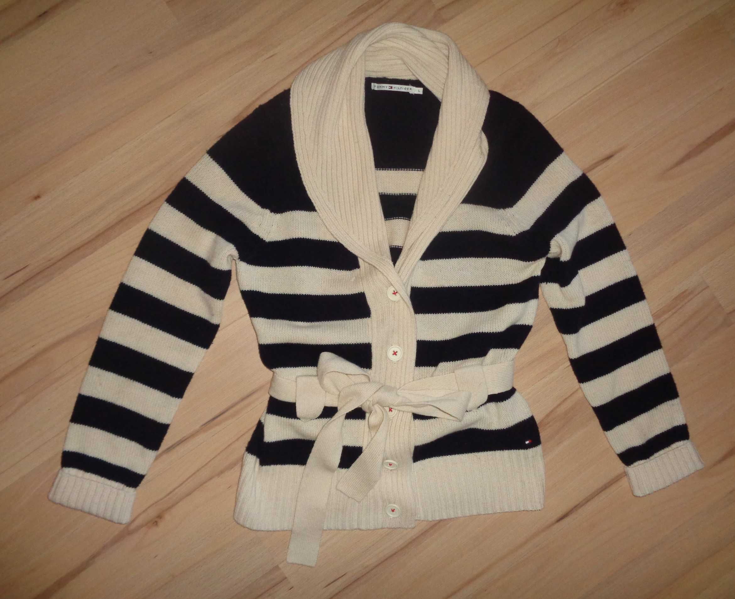 TOMMY HILFIGER ciepły gruby sweter w paski wiązany w pasie jak nowy L