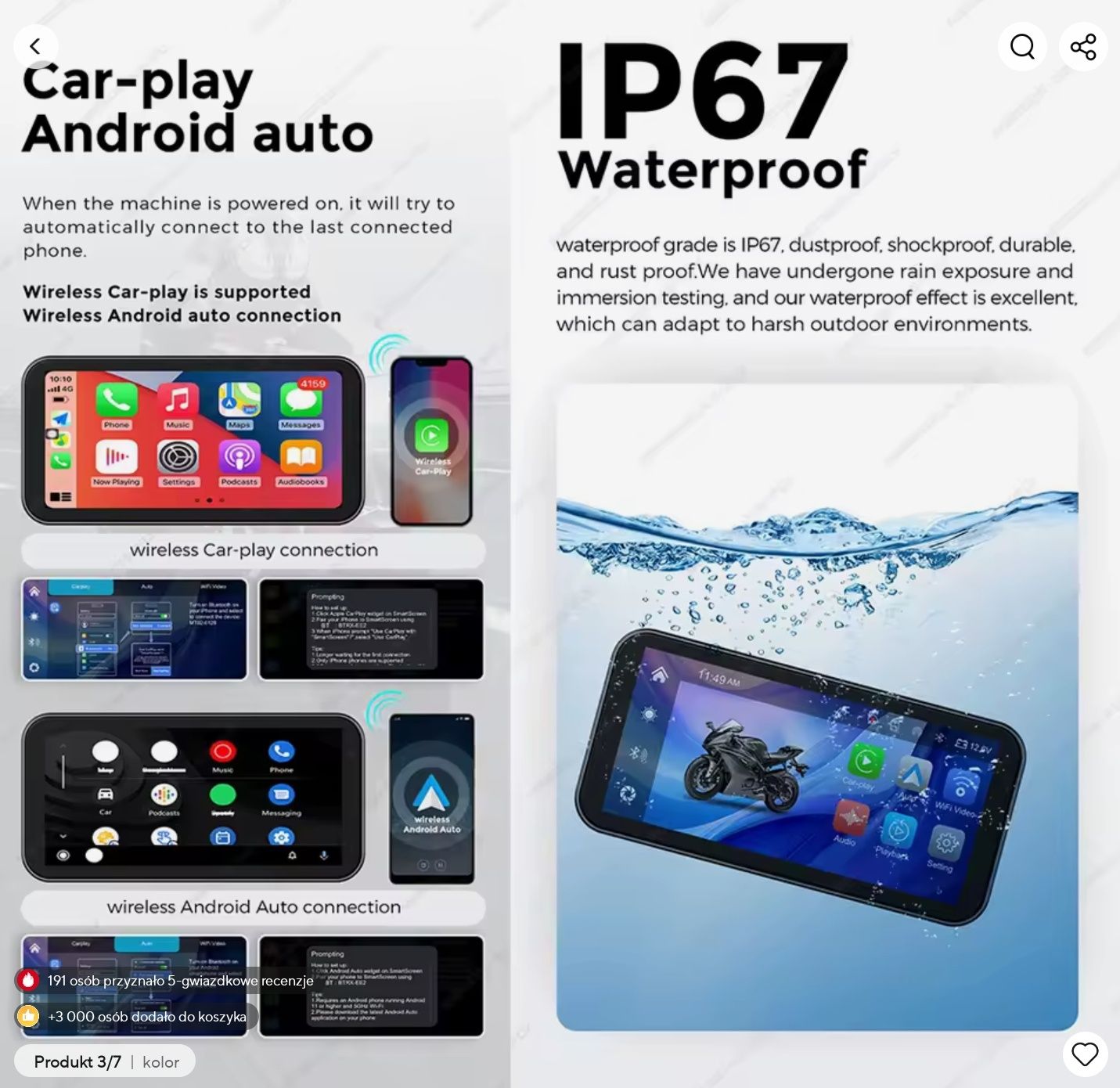 6.25 Rejestrator Motocyklowy FHD CarPlay Android Auto IP67 Dual Kamera