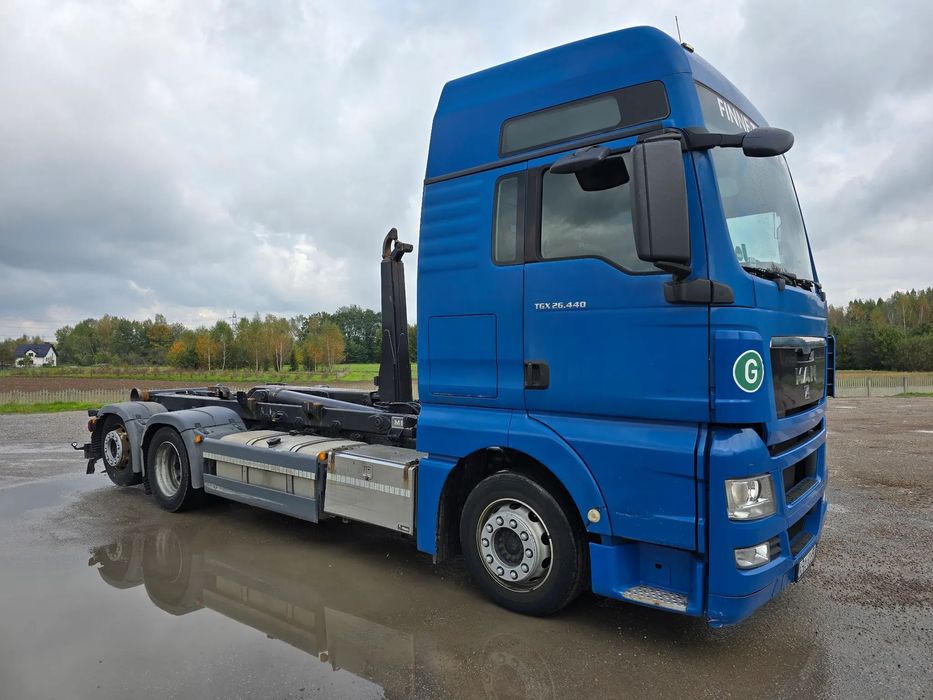 MAN TGX 26.440 Meiller MANUAL Hakowiec 6x2 oś skretna hak złom śmieci gruz makulatura kontener przyczepa