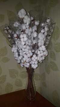 Ветка белого хлопка 9 цветков, высота ~80 см, гілка бавовни, букет
